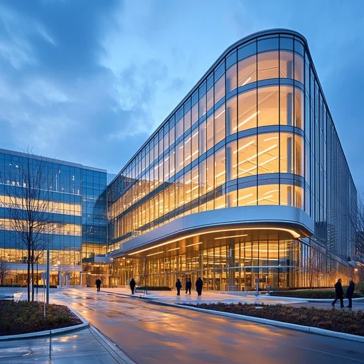 Modern Class A office with glass façade at dusk